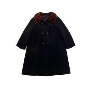 Vintage Black Coat with Fur Collar, Size 10-12